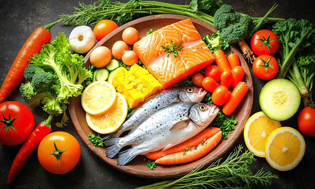 homepage illustration Display of plattter with whole fish, and tuna steak with vegetables